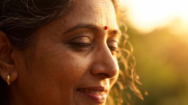 Close-up of a serene Indian woman smiling softly in warm golden hour light.
