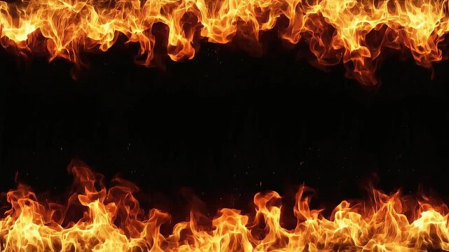 Fiery flame borders burning continuously with bright orange sparks floating against dark black background motion video