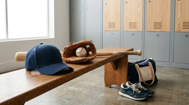 A baseball cap, glove, and bat on a wooden bench in a locker room.