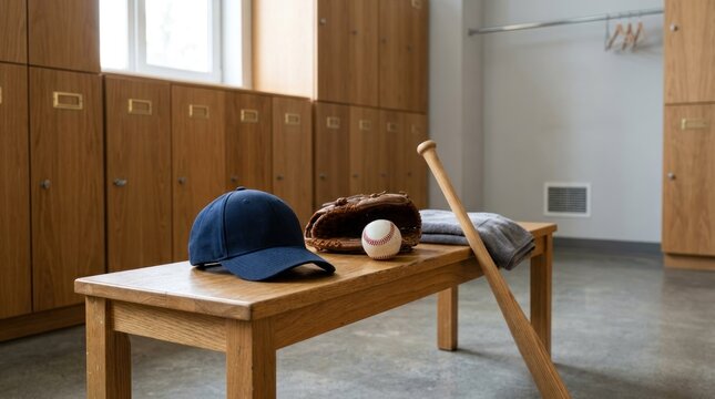 A baseball cap, baseball glove, and baseball bat on a wooden bench in a locker room.