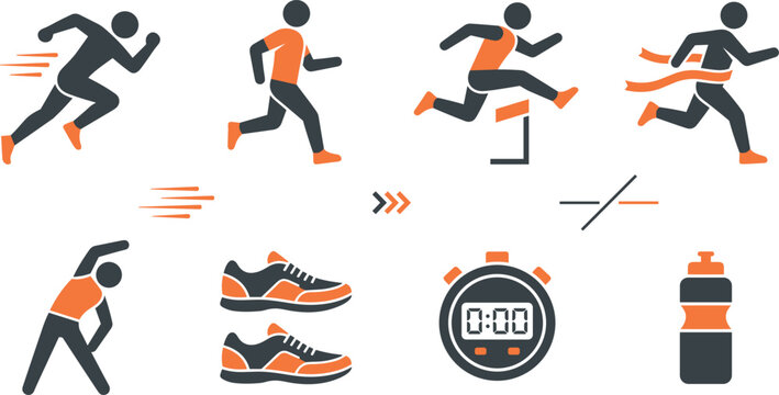 Vector pictogram bundle of running athlete silhouettes training with stopwatch sneakers and water bottle
