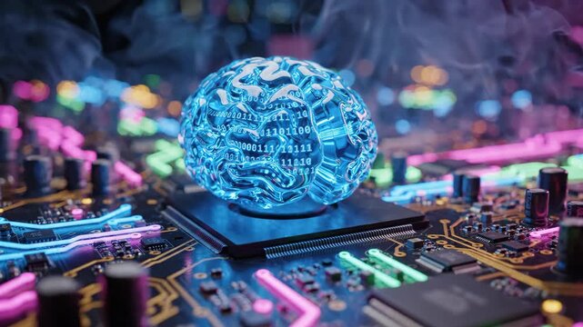 Glowing AI brain with binary code on a vibrant circuit board, symbolizing advanced technology.