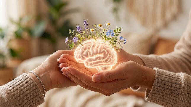 Two people holding a glowing holographic brain topped with colorful wildflowers mental health self care mental wellne