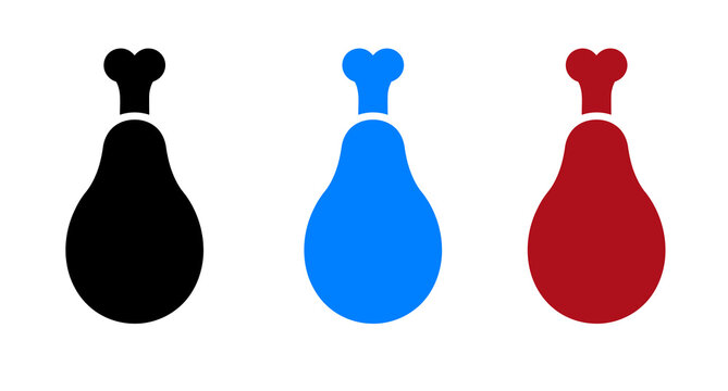 Set of three colorful chicken leg icons in black blue and red colors for food menu design