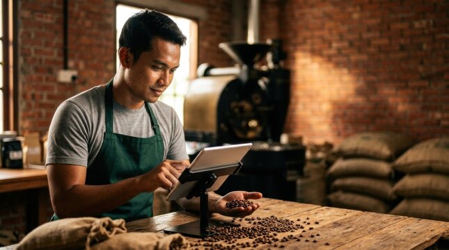 Professional male coffee roaster in a green apron holding roasted coffee beans and using a digital tablet for quality control in a rustic roasting facility with brick walls.
