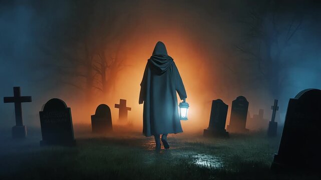Mysterious hooded figure walking through dark foggy cemetery holding vintage glowing lantern in spooky night video footage