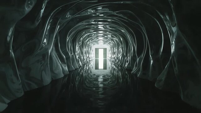 Glowing open door at the end of a dark reflective cavern tunnel with liquid metallic rock walls video footage