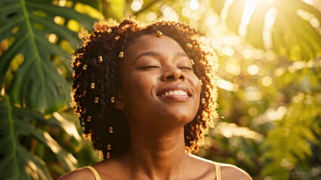 Beautiful Black woman with beaded hair smiling, enjoying golden sunlight in nature.