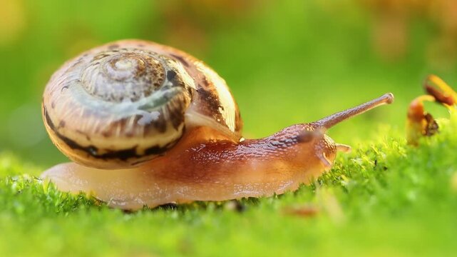Small garden snail crawling slowly over vibrant green moss in soft morning light.