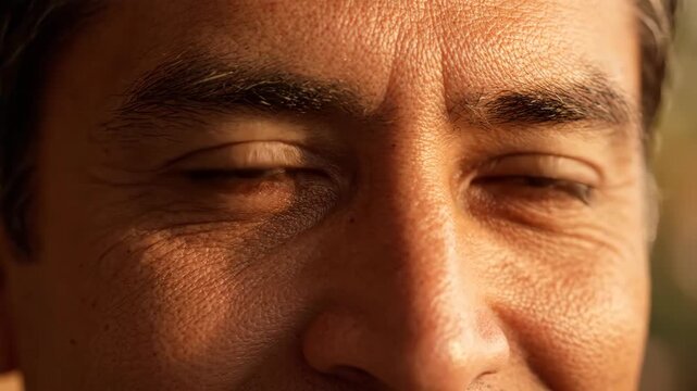 Close-up of a man's expressive eyes, illuminated by warm natural light.