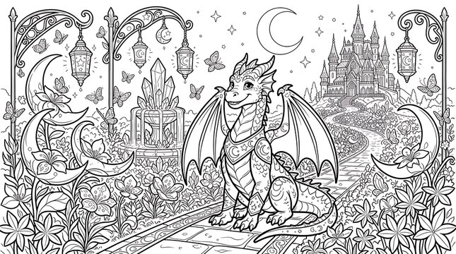 Enchanted garden coloring page featuring a cute dragon sitting on a stone path near a crystal fountain, lanterns, and a distant castle