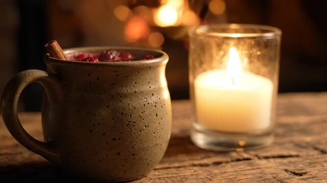 Cozy mug of warm cranberry drink with cinnamon stick by a flickering candle