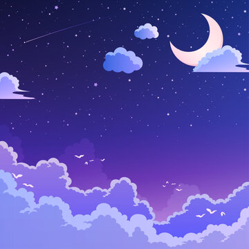 三日月と星空と雲の幻想的な背景_正方形