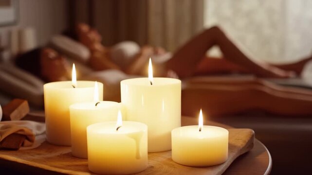 Five burning pillar candles flicker on wooden tray in warm relaxation room while two adults recline on padded loungers in softly blurred background beside sunlit curtains