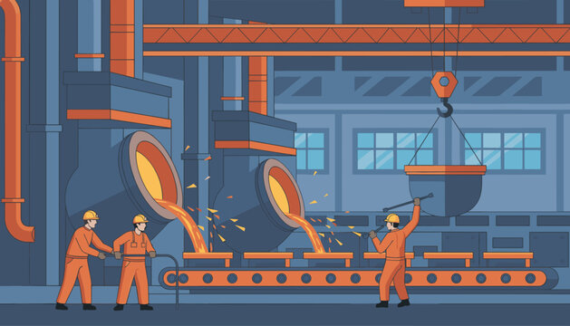Industrial steel mill factory workers in protective orange suits managing molten metal pouring on conveyor belt.