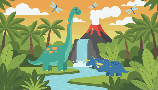 Prehistoric landscape with long-neck diplodocus and triceratops dinosaurs near river, waterfall, and volcano.