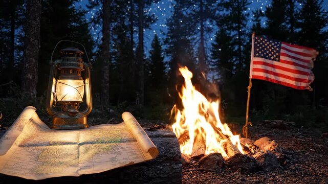 Cozy night camping in a forest with a lantern, map, campfire, and American flag.