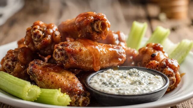 Delicious buffalo chicken wings with sauce being poured, served with celery and blue cheese dip.