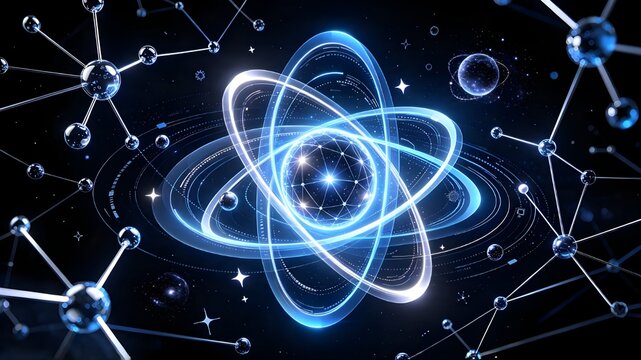 Futuristic digital technology and global network in cosmic space, glowing quantum atomic structure and data connectivity
