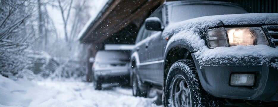 Car parked near the garage on a snowy day  