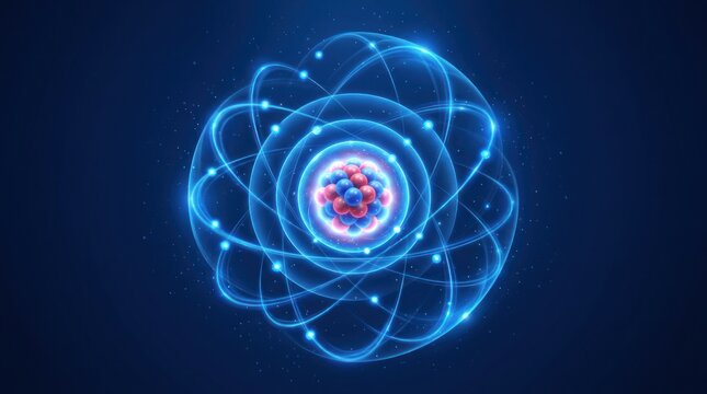 A blue atom with a nucleus and electrons in a circular orbit on a dark blue background.