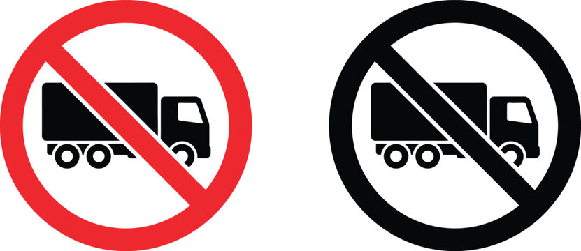 No truck allowed road signs icon set with red and black prohibition circles for traffic rules
