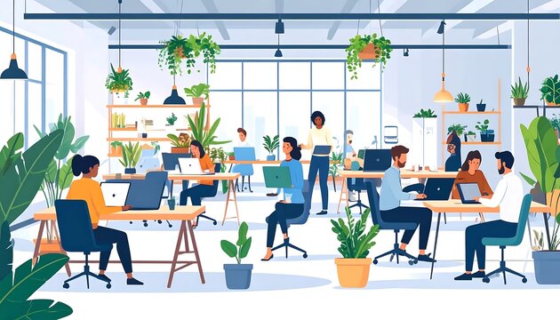 Modern office interior with diverse team collaborating in bright workspace.