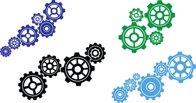 Set of colorful gear wheels and mechanical cogs for industrial design and engineering concepts