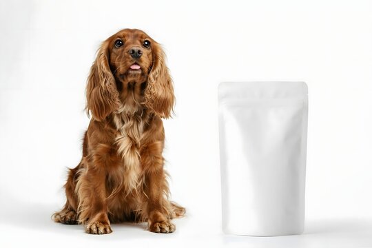 Happy Brown Dog Sitting Beside Blank Pet Food Packaging Pouch on White Background
