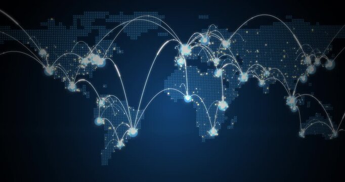 Glowing dotted world map with arcing connection lines, dark blue and gold, digitally created seamless 4K loop