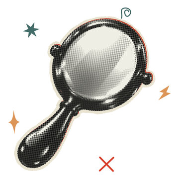 Handheld vanity mirror with halftone texture and decorative symbols, isolated on a transparent background