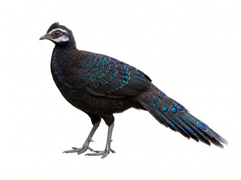 A Palawan peacock-pheasant standing in full body side view with iridescent blue-green eyespot feathers and a long tail, isolated on a clean white background