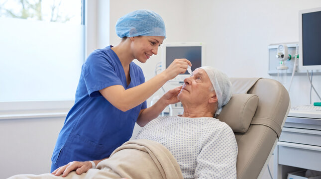 Smiling nurse in blue scrubs putting eye drops into the eye of an elderly male patient before surgery