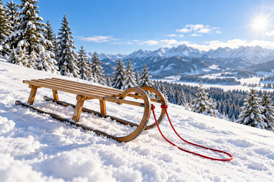 Holzschlitten mit rotem Zugseil auf einem Schneehang