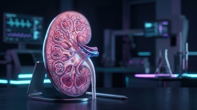 Detailed anatomical cross-section model of a human kidney showing renal cortex, medulla, and nephrons on a stand within a modern medical laboratory and research environment.