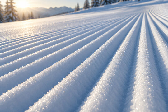 Frisch pr&auml;parierte Skipiste im tiefen Sonnenlicht
