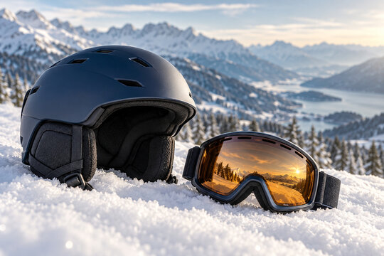 Blauer Skihelm mit Skibrille im Schnee