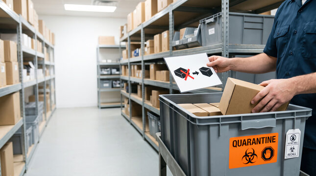 Warehouse Worker Sorting Defective Product Into Quarantine Bin