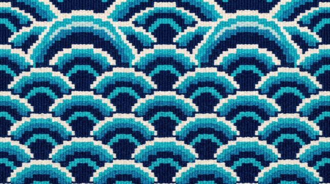 Seamless Japanese Seigaiha Ocean Wave Pattern Woven Fabric Texture in Blue and White