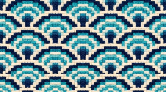 Seamless Japanese Seigaiha Ocean Wave Pattern Woven Fabric Texture in Blue and White