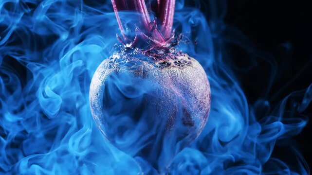 Vibrant beetroot with water splash amidst mystical blue smoke on dark background.