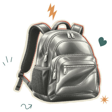 Retro halftone style backpack with decorative lightning bolt, heart, and star icons, isolated with transparent background