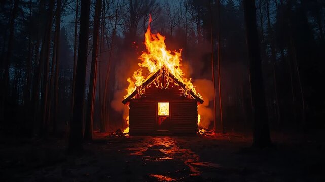 Burning wooden cabin engulfed in massive fierce flames surrounded by dark dense pine forest night video footage