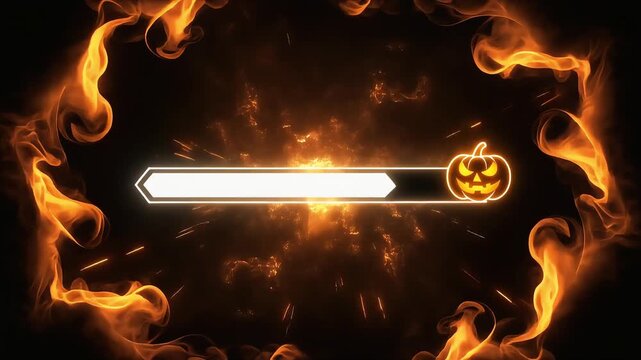 Halloween loading bar video footage with glowing neon pumpkin and fiery animated flames surrounding dark background