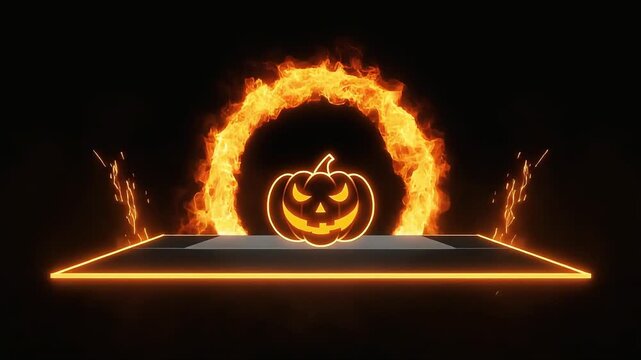 Glowing neon halloween pumpkin resting on stage surrounded by blazing fire ring and digital motion effects video footage