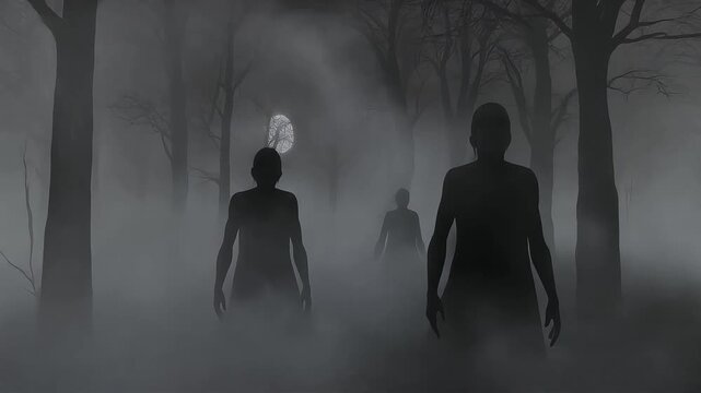 Spooky dark silhouettes walking through foggy forest at night with eerie moonlight in motion video footage
