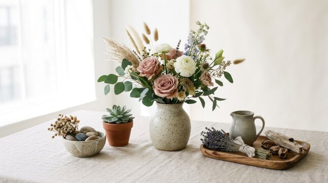 A rustic, floral arrangement with muted colors and natural textures on a white tablecloth.