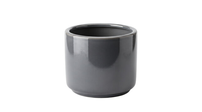 Modern grey ceramic flower pot, glossy dark grey planter pot, minimalist indoor ceramic pot for home decor and indoor gardening isolated PNG with Transparent Background
