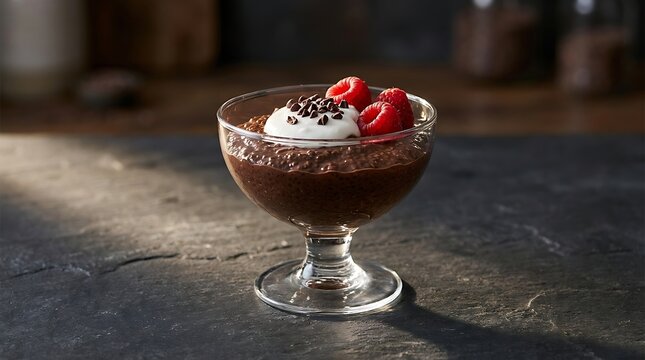 Delicious chocolate mousse dessert in a glass bowl topped with fresh red raspberries and cream sprinkles. keto chia pudding