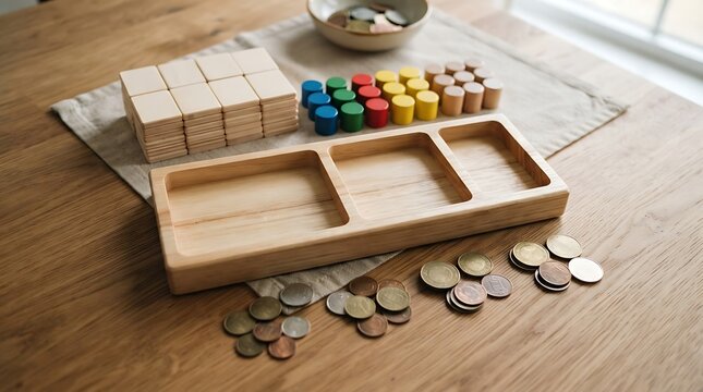 Various wooden blocks, cylinders, coins, and colorful beads arranged on cloth for counting games.